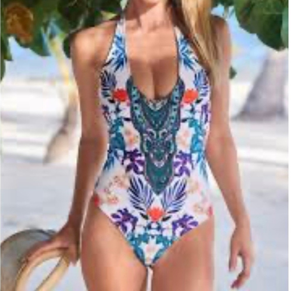 Venus Plunge V‎ Floral Medallion Halter One Piece Swimsuit White Blue Orange 4